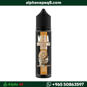 نكهة فيب ميجا بسكويت وكريمة Mega Biscuits Milk Cream 60ml، عبوة سوداء بشعار ميجا.