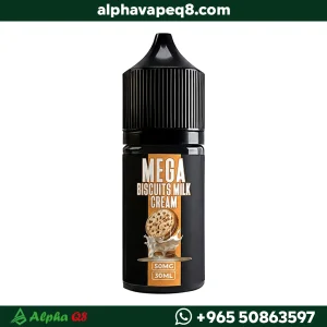 نكهة ميجا بسكويت وكريمة سولت نيكوتين 30 مل، عبوة سوداء وعليها رسمة بسكويت وحليب لأجهزة سحبة الزقارة.