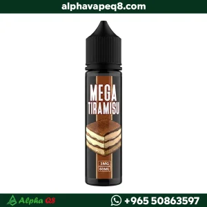 نكهة فيب ميجا تيراميسو Mega Tiramisu 60ml طعم كيك وقهوة، عبوة سوداء بشعار ميجا.