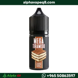 نكهة ميجا تيراميسو سولت نيكوتين 30 مل، عبوة سوداء وعليها رسمة كيك تيراميسو لأجهزة سحبة الزقارة.