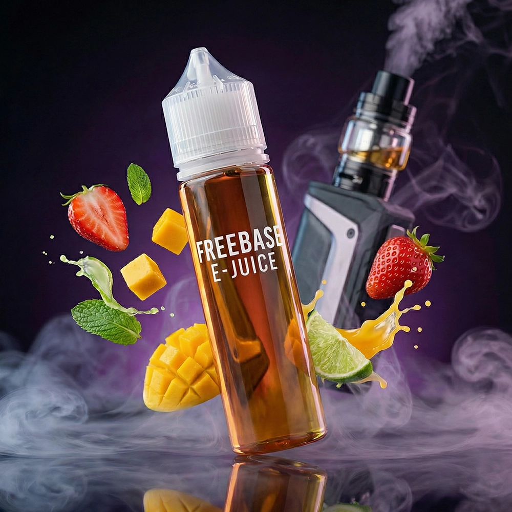 زجاجة نكهة فري بيز (Freebase) شفافة محاطة بقطع الفراولة والمانجو مع جهاز فيب وتانك لإنتاج البخار الكثيف.