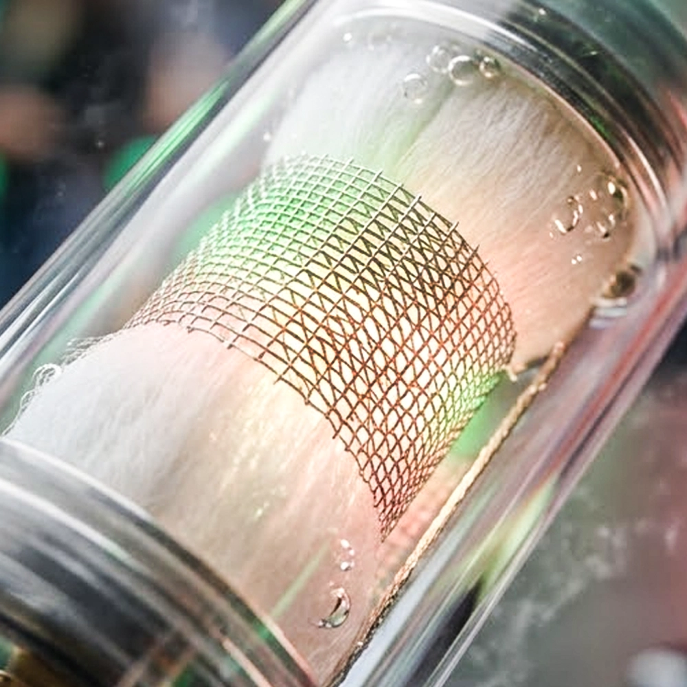 جهاز سحبة جاهزة (Disposable Vape) من نوع Phix Vape مع كويل ميش (Mesh Coil) يظهر بوضوح ويتوهج باللون الأخضر والبرتقالي، ويُظهر قطرات السائل والبخار.