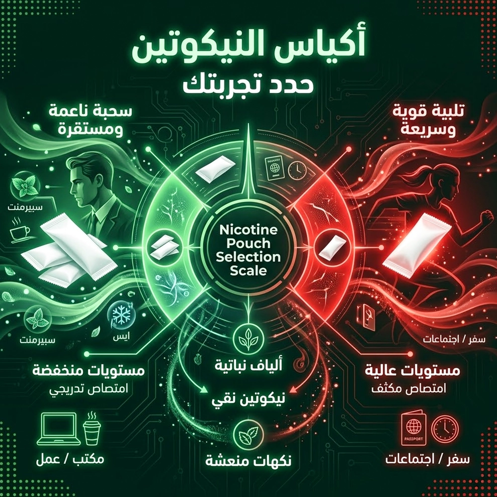 رسم مفاهيمي يوضح كيفية اختيار أكياس النيكوتين بناءً على مستويات الامتصاص، بين الامتصاص التدريجي الهادئ بنكهة سبيرمنت والتلبية القوية السريعة.