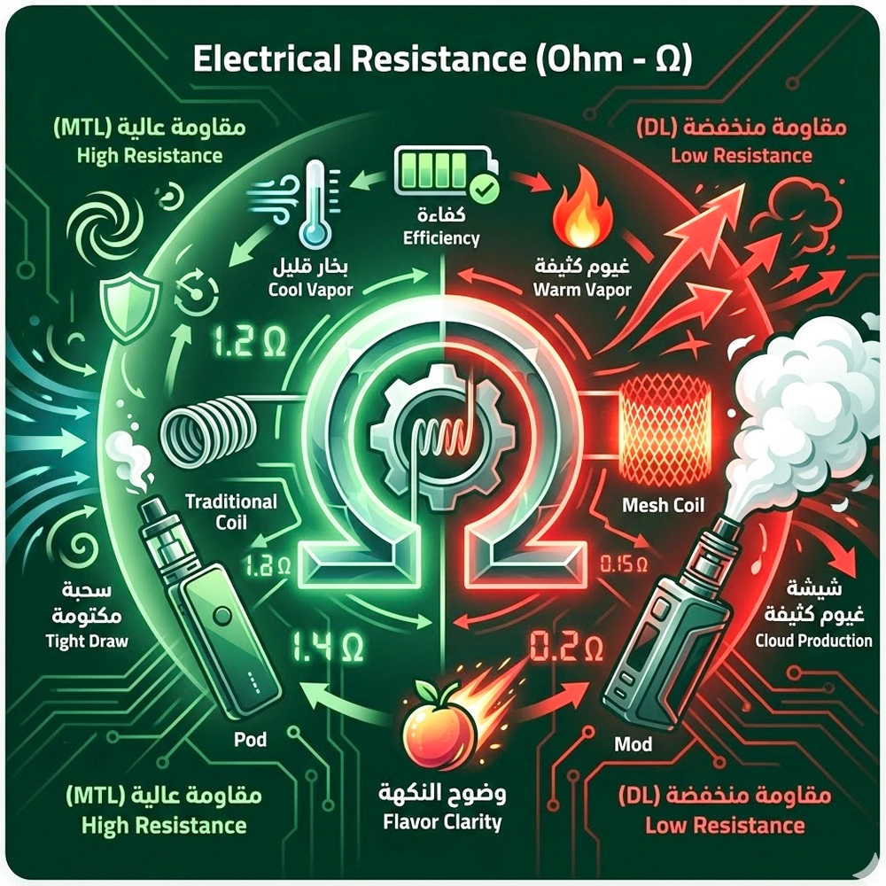 رسم توضيحي يشرح الفرق بين المقاومة العالية (الأوم المرتفع) لسحبة الزقارة والمقاومة المنخفضة (Sub-Ohm) لسحبة الشيشة وتأثيرها على البخار والهواء.