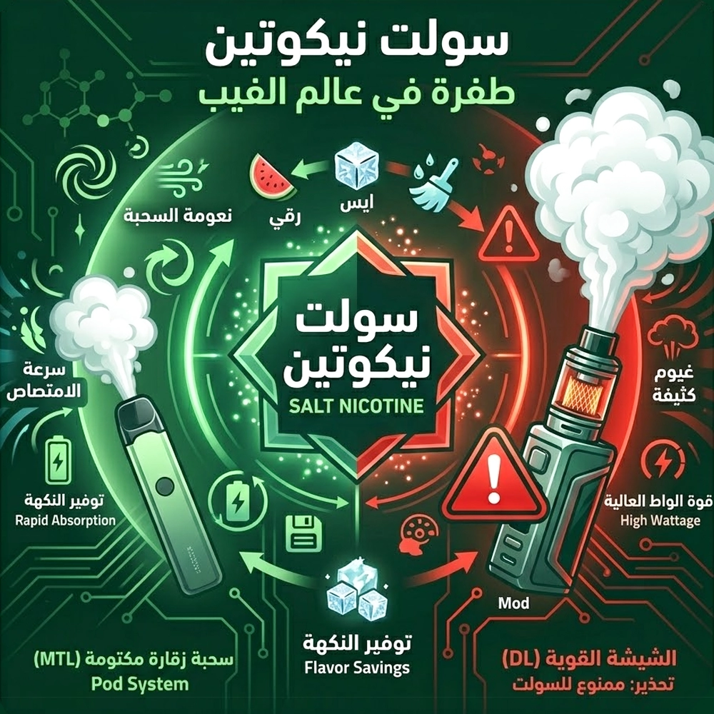 رسم توضيحي يشرح الفرق بين الاستخدام الآمن للسولت نيكوتين في بودات سحبات الزقارة، والتحذير من استخدامه في تانك الشيشة.