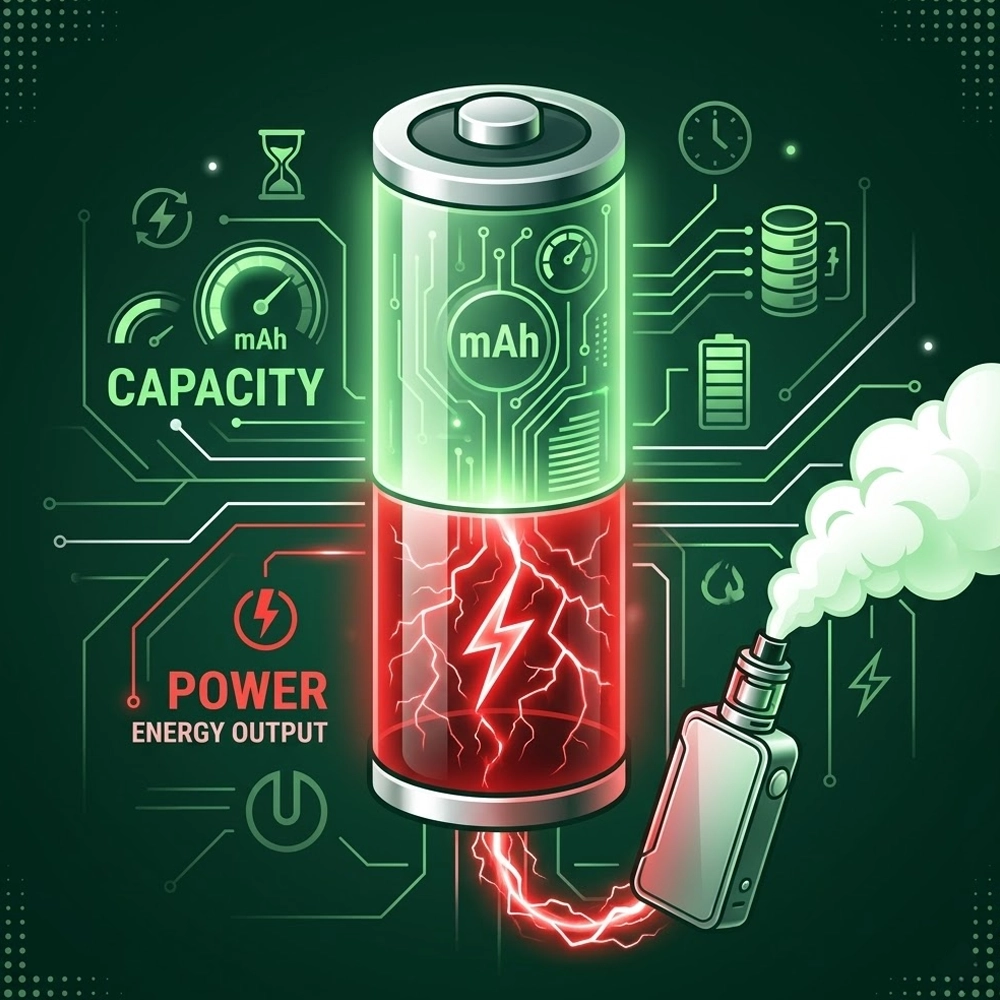 رسم توضيحي يشرح الفرق بين سعة البطارية (mAh) وقوة تفريغ الطاقة في أجهزة الفيب.