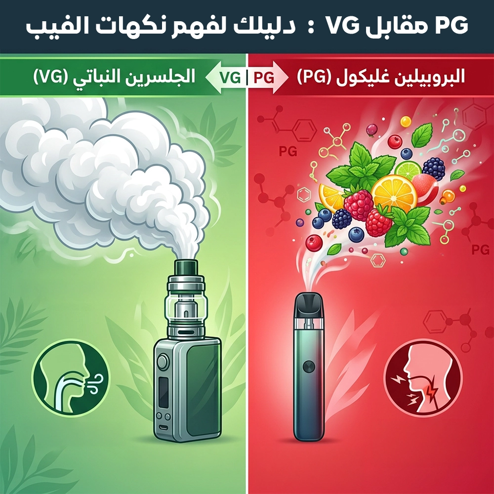 رسم توضيحي يشرح الفرق بين VG (الجلسرين النباتي) لإنتاج غيوم كثيفة و PG (البروبيلين غليكول) لتعزيز ضربة الحنجرة ووضوح الطعم.