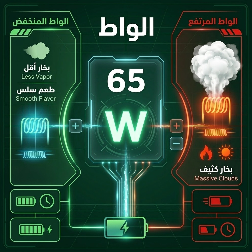 رسم توضيحي يشرح تأثير إعدادات الواط المرتفع والمنخفض على أداء الكويل وكثافة البخار في الفيب.